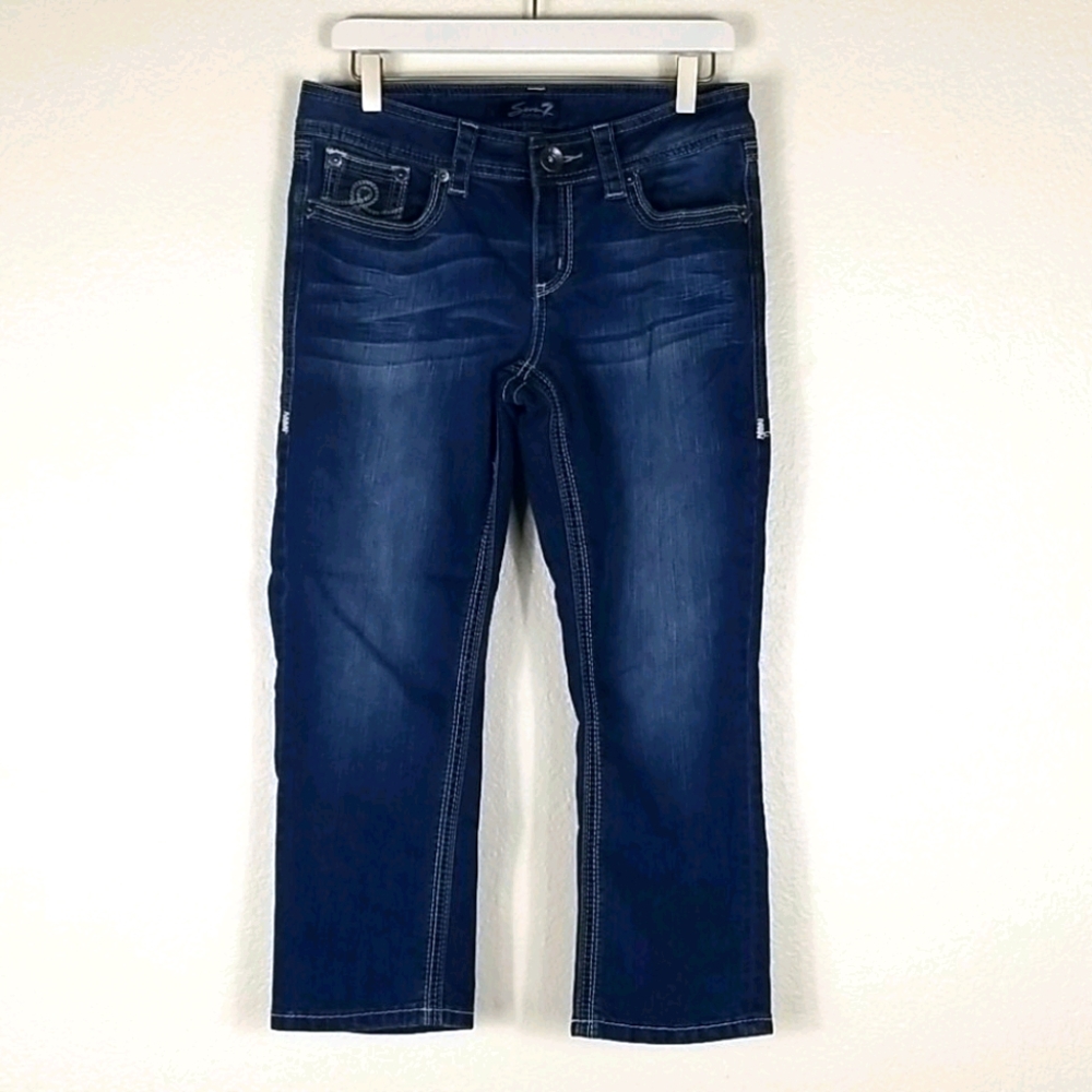 Seven7 Womens Blue Embroidered Straight Leg Jeans